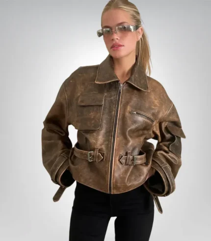 Women’s genuine brown leather jacket – vintage cropped bomber style