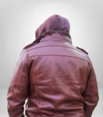 Back side of men’s tan hooded bomber jacket featuring smooth plain lambskin leather finish