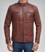 Men’s tall fit leather jacket – cognac brown premium biker outerwear