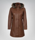 Women’s Brown Leather Coat with Removable Hood and Faux Fur Trim - Image 5