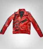 Rocker spiked leather jacket – red and black rebel motorcycle outfit