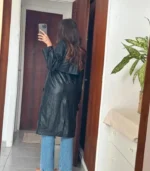 Classic women’s black leather trench – belted double-breasted outerwear