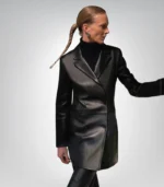 Women’s Black Leather Trench Coat Long Elegant Leather Coat