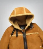 Men's Suede Leather Shearling Bomber Jacket Hooded Winter Coat