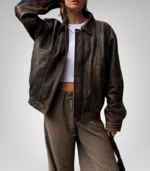 Women’s oversized brown lambskin bomber jacket – luxury leather outerwear