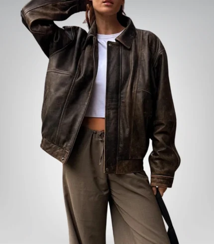 Women’s oversized brown lambskin bomber jacket – luxury leather outerwear