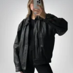 90s Vintage Black Lambskin Leather Bomber Jacket