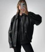 90s Vintage Black Lambskin Leather Bomber Jacket
