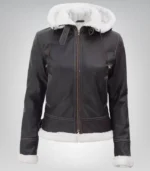 Women’s Mary B3 Dark Brown Shearling Leather Jacket with Removable Hood - Image 6