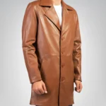 Men’s Classic Cognac Real Leather Trench Coat – Timeless Long Overcoat Style