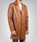 Men’s Classic Cognac Real Leather Trench Coat – Timeless Long Overcoat Style