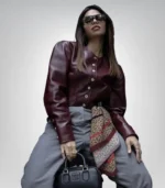 Women’s Burgundy Cropped Leather Jacket – Trendy Short Bolero Blazer