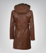 Women’s Brown Leather Coat with Removable Hood and Faux Fur Trim - Image 6