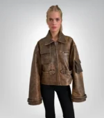 Handmade distressed leather bomber for women – adjustable buckle design