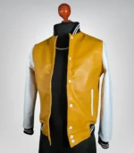 Vintage-inspired yellow and white varsity leather jacket for men