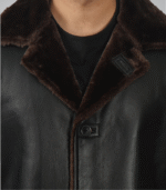 Men’s 3/4 Length Genuine Black Leather Coat with Brown Shearling Lining - Image 8