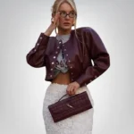 Women’s burgundy cropped leather jacket – trendy short bolero blazer