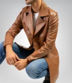 Men’s Classic Cognac Real Leather Trench Coat – Timeless Long Overcoat Style - Image 3
