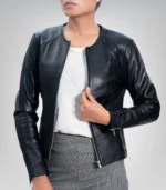 Women’s basic everyday lambskin leather jacket with minimalist classic look