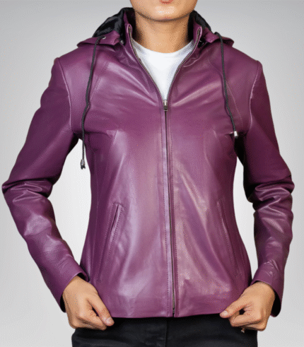 Jenny women’s purple real leather jacket with detachable hood – stylish versatile design