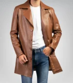 Men’s Classic Cognac Real Leather Trench Coat – Timeless Long Overcoat Style - Image 2