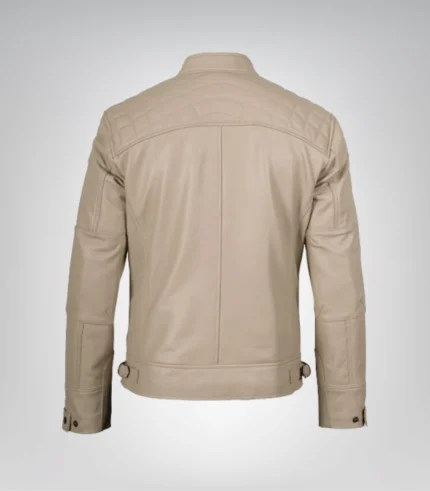 Slim-fit beige lambskin leather motorcycle jacket for men – quilted shoulder design
