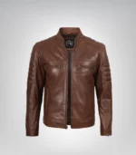 Men’s Cognac Brown Waxed Leather Biker Jacket Real Lambskin, Stylish & Durable - Image 3