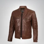 Men’s Cognac Brown Waxed Leather Biker Jacket Real Lambskin, Stylish & Durable