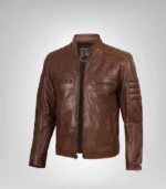 Men’s Cognac Brown Waxed Leather Biker Jacket Real Lambskin, Stylish & Durable