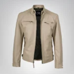 Men’s beige leather biker jacket – real lambskin with quilted shoulders and zip pockets