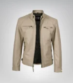 Men’s beige leather biker jacket – real lambskin with quilted shoulders and zip pockets