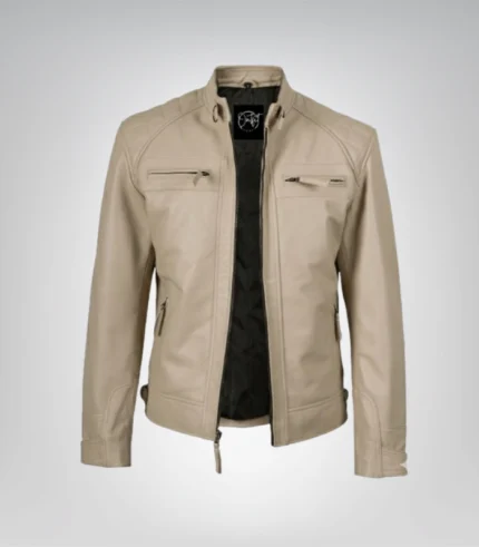 Men’s beige leather biker jacket – real lambskin with quilted shoulders and zip pockets