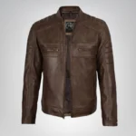 Men’s coffee brown distressed leather biker jacket – classic motorcycle style