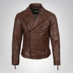 Men’s asymmetrical cognac leather biker jacket – real lambskin with quilted design
