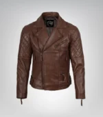 Men’s asymmetrical cognac leather biker jacket – real lambskin with quilted design
