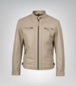 Men’s real lambskin biker jacket – beige leather with zip pockets and quilted detailing