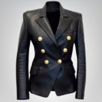 Women’s double-breasted black leather blazer – gold button detail