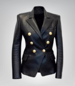 Women’s double-breasted black leather blazer – gold button detail