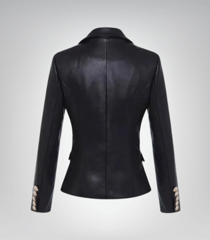 Black leather blazer for women – double-breasted with gold buttons