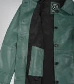 Women's Genuine Leather Mid-Length Green Coat with Buttons
