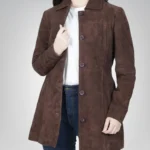 Women’s dark brown suede leather coat – classic button-down long style