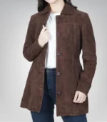 Women’s dark brown suede leather coat – classic button-down long style