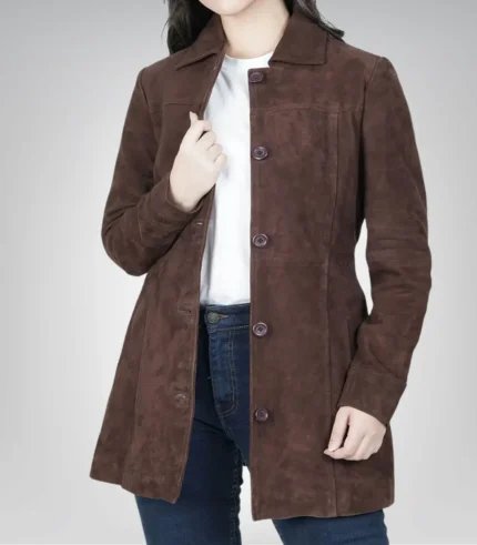 Women’s dark brown suede leather coat – classic button-down long style