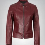 Women’s slim fit burgundy leather jacket – real lambskin moto style