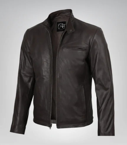 Men’s dark brown cowhide leather motorcycle jacket in premium biker style