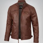 Men’s cognac genuine leather biker jacket with quilted shoulder design