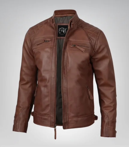 Men’s cognac genuine leather biker jacket with quilted shoulder design