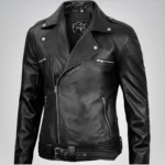 Negan men’s black genuine leather motorcycle jacket with asymmetrical zip and belted waist