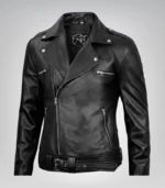 Negan men’s black genuine leather motorcycle jacket with asymmetrical zip and belted waist