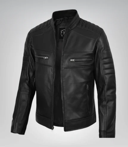Men’s real lambskin leather motorcycle jacket in black biker style